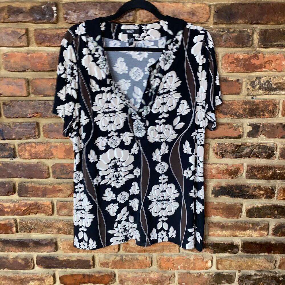 Alfani Black Brown Cream Short Sleeve Embellished Top Women's Size 1X